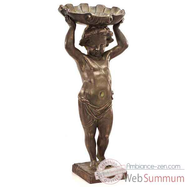 Fontaine-Modèle Cherub w. Shell Fountainhead, surface bronze avec vert-de-gris-bs3143vb