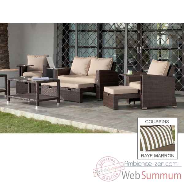 Ensemble salon de jardin vanila avec repose pieds : 1 canape 2pl + 2 fauteuils + 1 table basse coussin raye marron Exklusive hevea -10138-8430496