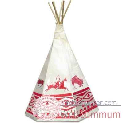 Tente d\\\'indien-Tipie décors rouges toile Denim-Piquets en pin maritime- Hauteur 170 cm - Univers du Petitcollin-800204